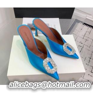 Top Design Amina Muaddi Camelia Strass-Embellished Buckle Point-toe Mules 9cm in Satin Blue 0219040