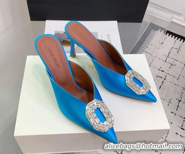 Top Design Amina Muaddi Camelia Strass-Embellished Buckle Point-toe Mules 9cm in Satin Blue 0219040