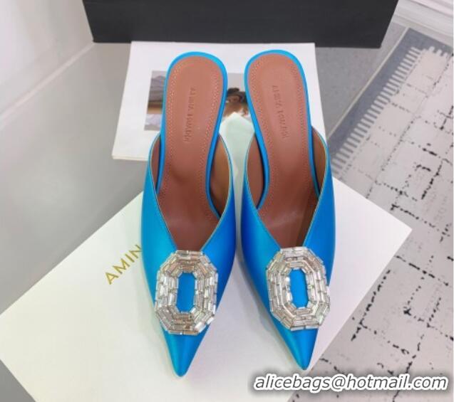 Top Design Amina Muaddi Camelia Strass-Embellished Buckle Point-toe Mules 9cm in Satin Blue 0219040