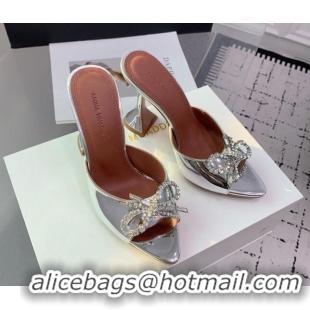 Good Product Amina Muaddi Rosie Strass-Embellished Bow Slides Sandal 9.5cm in Metallic Calfskin Silver 0219041