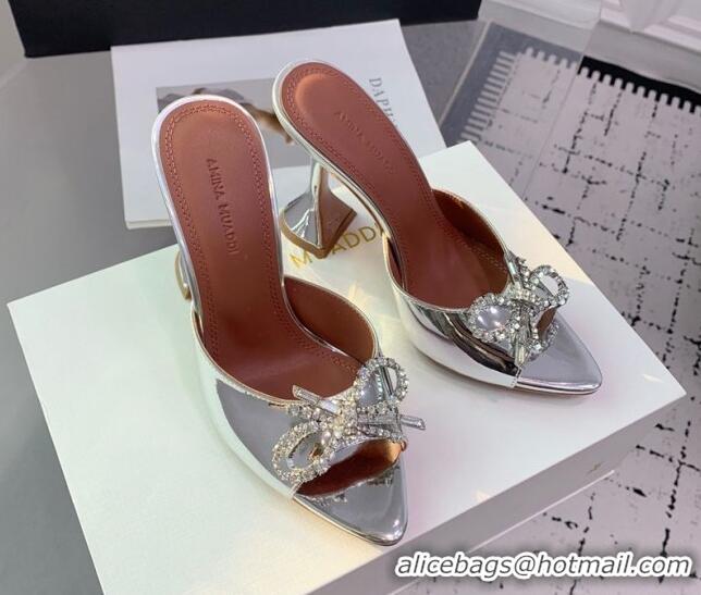 Good Product Amina Muaddi Rosie Strass-Embellished Bow Slides Sandal 9.5cm in Metallic Calfskin Silver 0219041