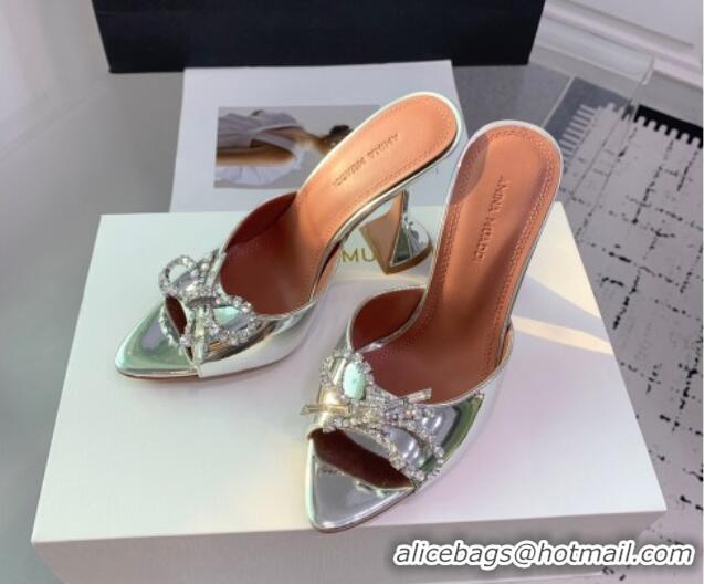 Good Product Amina Muaddi Rosie Strass-Embellished Bow Slides Sandal 9.5cm in Metallic Calfskin Silver 0219041