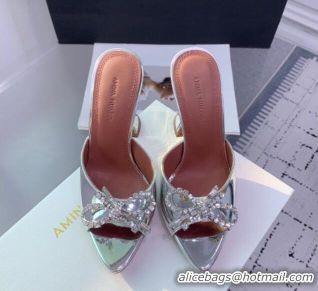 Good Product Amina Muaddi Rosie Strass-Embellished Bow Slides Sandal 9.5cm in Metallic Calfskin Silver 0219041