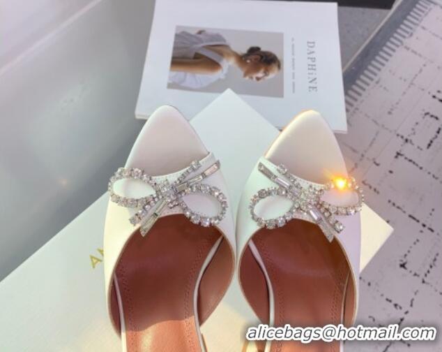 Luxury Amina Muaddi Rosie Strass-Embellished Bow Slides Sandal 9.5cm in Satin White 0219044