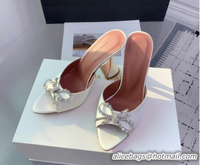 Luxury Amina Muaddi Rosie Strass-Embellished Bow Slides Sandal 9.5cm in Satin White 0219044