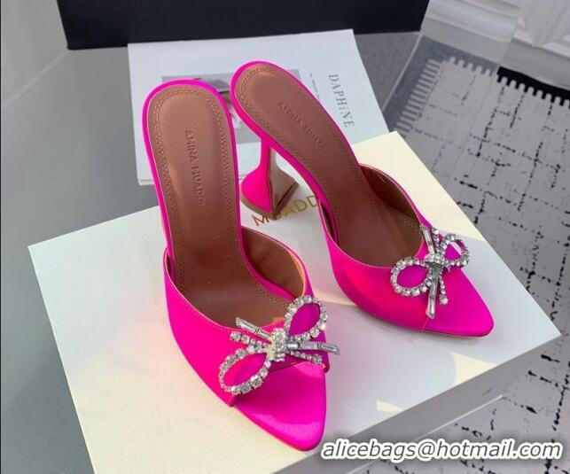 Luxury Cheap Amina Muaddi Rosie Strass-Embellished Bow Slides Sandal 9.5cm in Satin Neon Pink 0219045