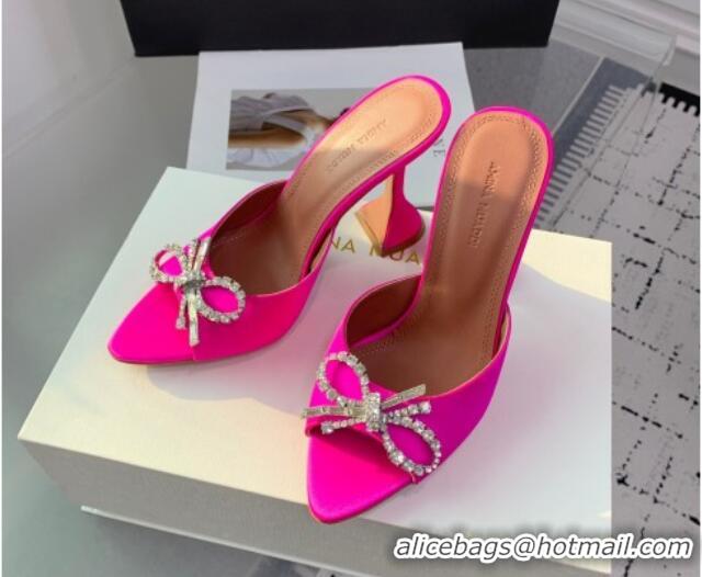 Luxury Cheap Amina Muaddi Rosie Strass-Embellished Bow Slides Sandal 9.5cm in Satin Neon Pink 0219045