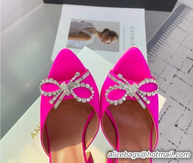 Luxury Cheap Amina Muaddi Rosie Strass-Embellished Bow Slides Sandal 9.5cm in Satin Neon Pink 0219045