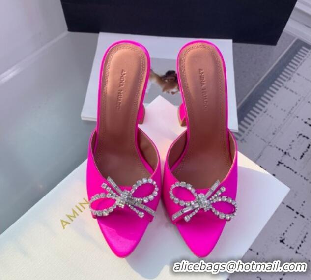 Luxury Cheap Amina Muaddi Rosie Strass-Embellished Bow Slides Sandal 9.5cm in Satin Neon Pink 0219045