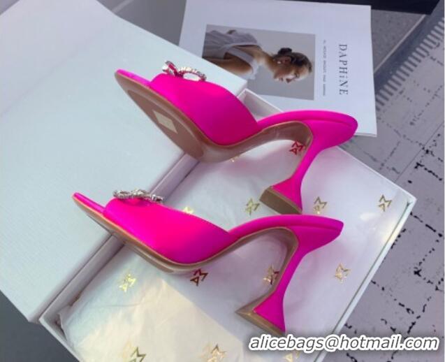 Luxury Cheap Amina Muaddi Rosie Strass-Embellished Bow Slides Sandal 9.5cm in Satin Neon Pink 0219045