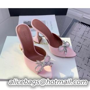 Popular Style Amina Muaddi Rosie Strass-Embellished Bow Slides Sandal 9.5cm in Satin Light Pink 0219046