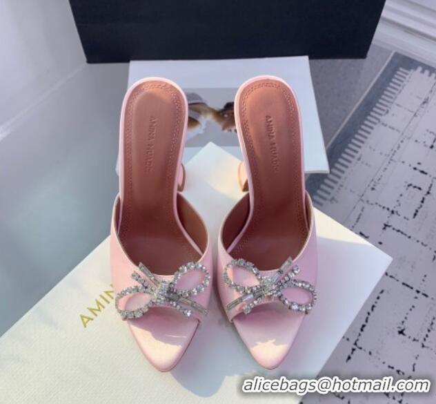 Popular Style Amina Muaddi Rosie Strass-Embellished Bow Slides Sandal 9.5cm in Satin Light Pink 0219046