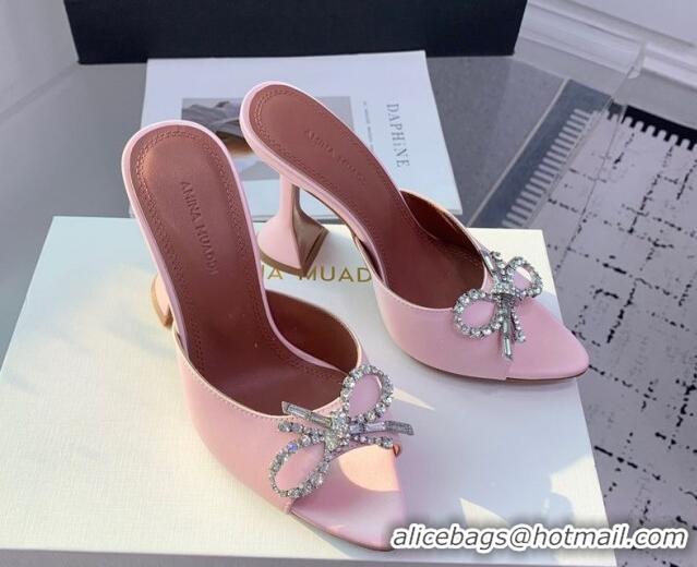 Popular Style Amina Muaddi Rosie Strass-Embellished Bow Slides Sandal 9.5cm in Satin Light Pink 0219046