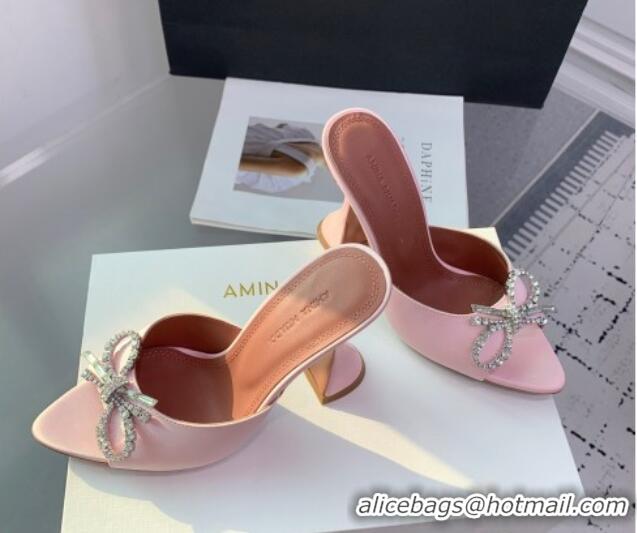 Popular Style Amina Muaddi Rosie Strass-Embellished Bow Slides Sandal 9.5cm in Satin Light Pink 0219046