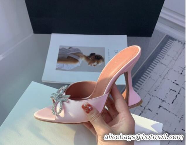 Popular Style Amina Muaddi Rosie Strass-Embellished Bow Slides Sandal 9.5cm in Satin Light Pink 0219046