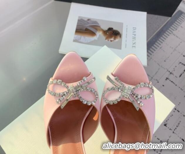 Popular Style Amina Muaddi Rosie Strass-Embellished Bow Slides Sandal 9.5cm in Satin Light Pink 0219046