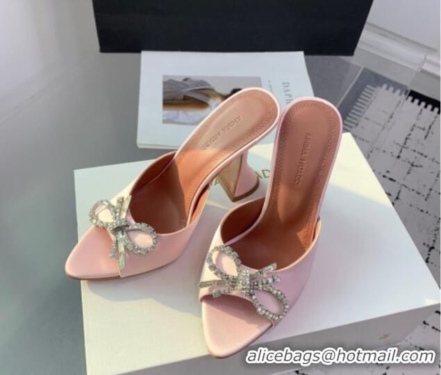 Popular Style Amina Muaddi Rosie Strass-Embellished Bow Slides Sandal 9.5cm in Satin Light Pink 0219046