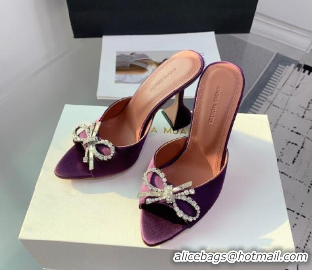 Hot Style Amina Muaddi Rosie Strass-Embellished Bow Slides Sandal 9.5cm in Satin Dark Purple 0219047