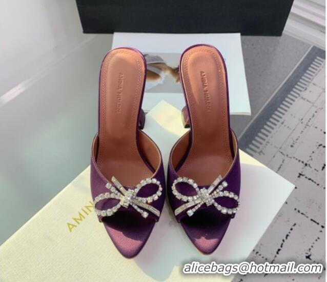 Hot Style Amina Muaddi Rosie Strass-Embellished Bow Slides Sandal 9.5cm in Satin Dark Purple 0219047