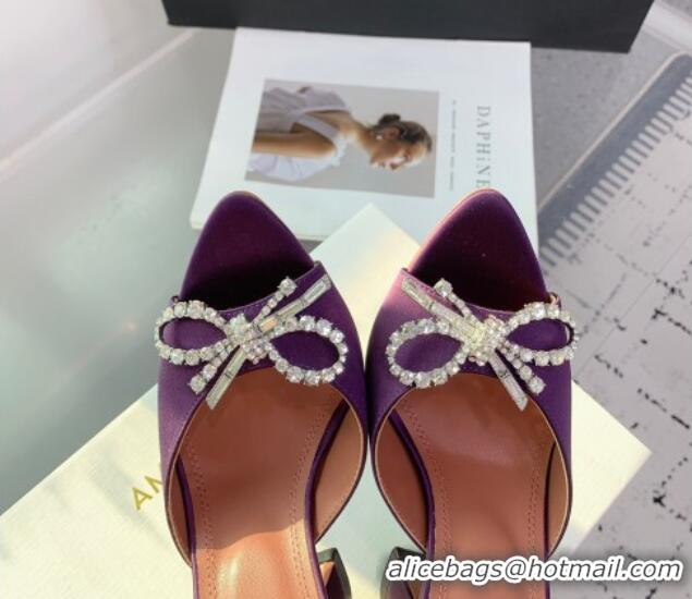 Hot Style Amina Muaddi Rosie Strass-Embellished Bow Slides Sandal 9.5cm in Satin Dark Purple 0219047