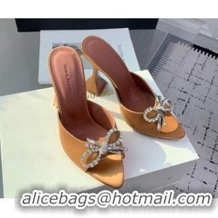 Unique Style Amina Muaddi Rosie Strass-Embellished Bow Slides Sandal 9.5cm in Satin Apricot 0219049