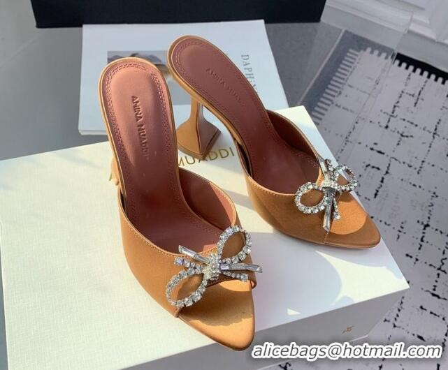 Unique Style Amina Muaddi Rosie Strass-Embellished Bow Slides Sandal 9.5cm in Satin Apricot 0219049