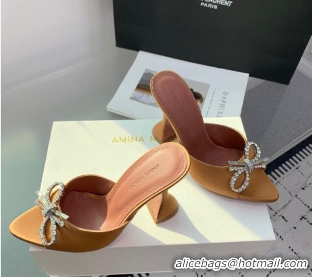 Unique Style Amina Muaddi Rosie Strass-Embellished Bow Slides Sandal 9.5cm in Satin Apricot 0219049