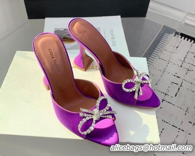 Durable Amina Muaddi Rosie Strass-Embellished Bow Slides Sandal 9.5cm in Satin Purple 0219051