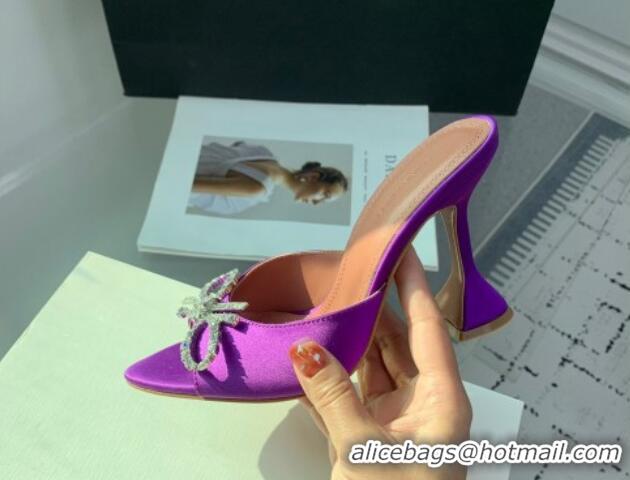 Durable Amina Muaddi Rosie Strass-Embellished Bow Slides Sandal 9.5cm in Satin Purple 0219051