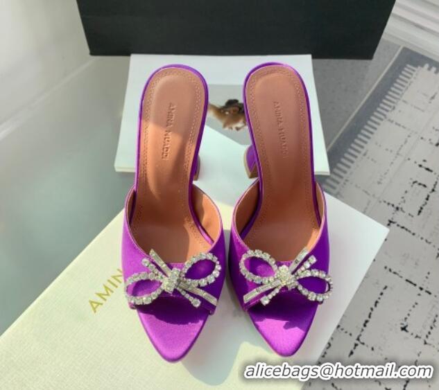 Durable Amina Muaddi Rosie Strass-Embellished Bow Slides Sandal 9.5cm in Satin Purple 0219051