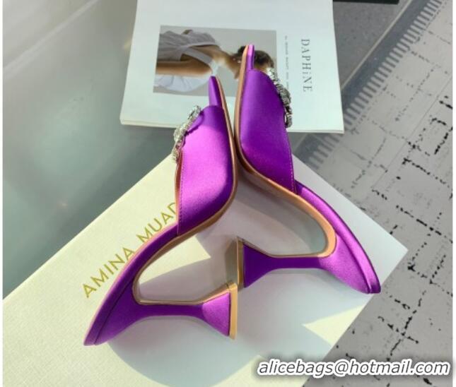 Durable Amina Muaddi Rosie Strass-Embellished Bow Slides Sandal 9.5cm in Satin Purple 0219051