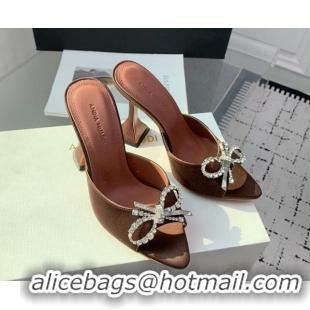 Stylish Amina Muaddi Rosie Strass-Embellished Bow Slides Sandal 9.5cm in Satin Brown 0219052