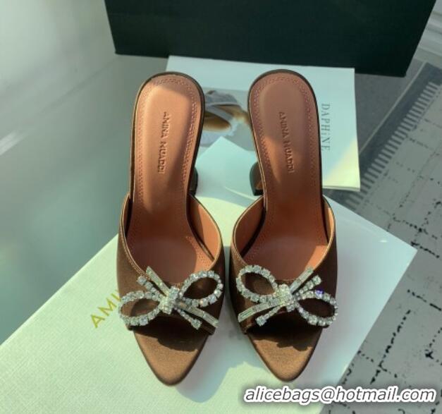 Stylish Amina Muaddi Rosie Strass-Embellished Bow Slides Sandal 9.5cm in Satin Brown 0219052