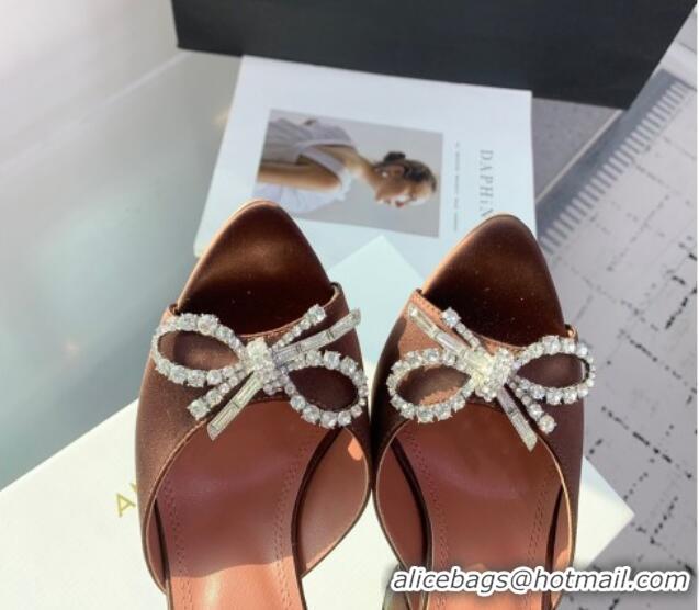 Stylish Amina Muaddi Rosie Strass-Embellished Bow Slides Sandal 9.5cm in Satin Brown 0219052