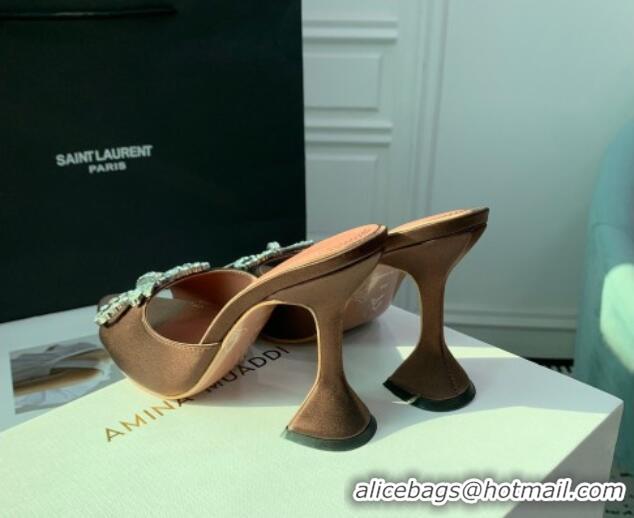 Stylish Amina Muaddi Rosie Strass-Embellished Bow Slides Sandal 9.5cm in Satin Brown 0219052