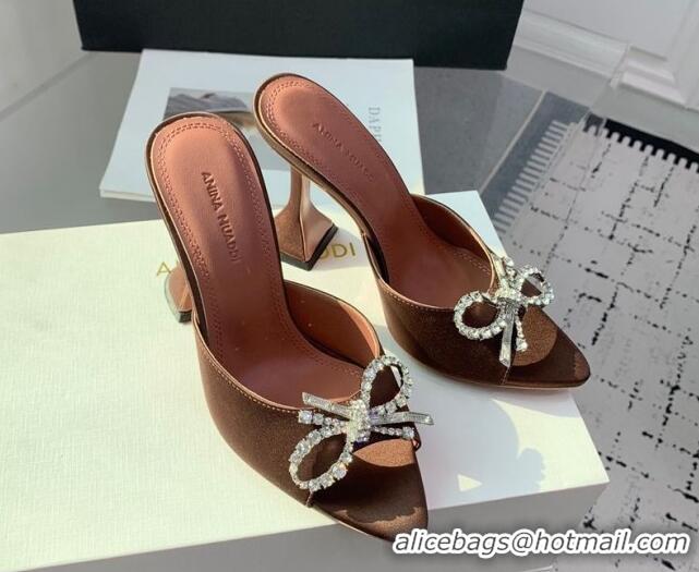 Stylish Amina Muaddi Rosie Strass-Embellished Bow Slides Sandal 9.5cm in Satin Brown 0219052