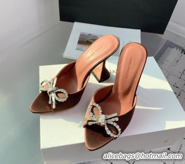 Stylish Amina Muaddi Rosie Strass-Embellished Bow Slides Sandal 9.5cm in Satin Brown 0219052