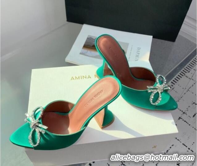 Discount Fashion Amina Muaddi Rosie Strass-Embellished Bow Slides Sandal 9.5cm in Satin Green 0219053