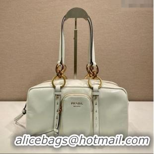 Free Shipping Prada Dangle medium oil leather top-handle bag 1BB138 White 2025