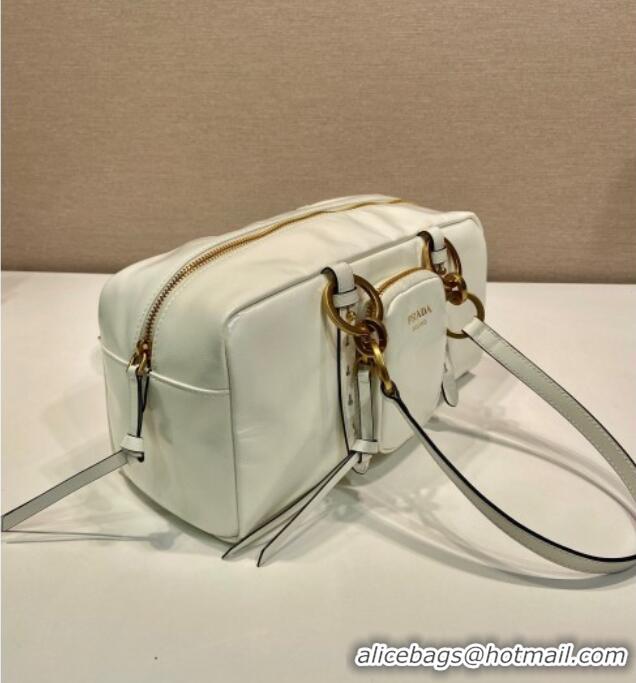 Free Shipping Prada Dangle medium oil leather top-handle bag 1BB138 White 2025