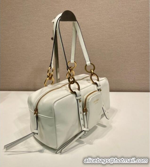 Free Shipping Prada Dangle medium oil leather top-handle bag 1BB138 White 2025