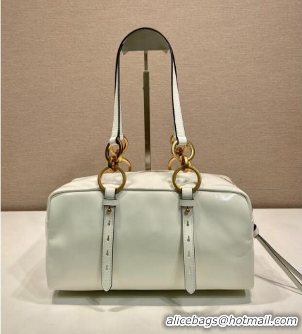 Free Shipping Prada Dangle medium oil leather top-handle bag 1BB138 White 2025