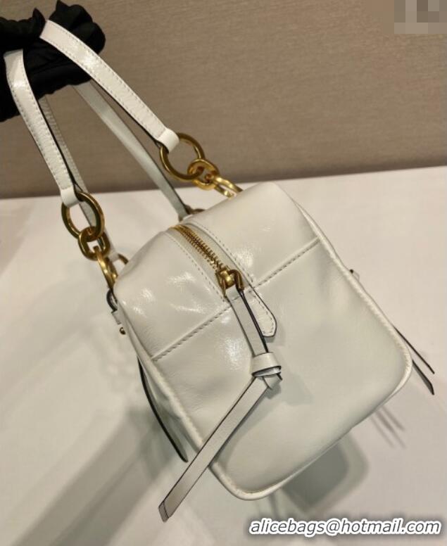 Free Shipping Prada Dangle medium oil leather top-handle bag 1BB138 White 2025