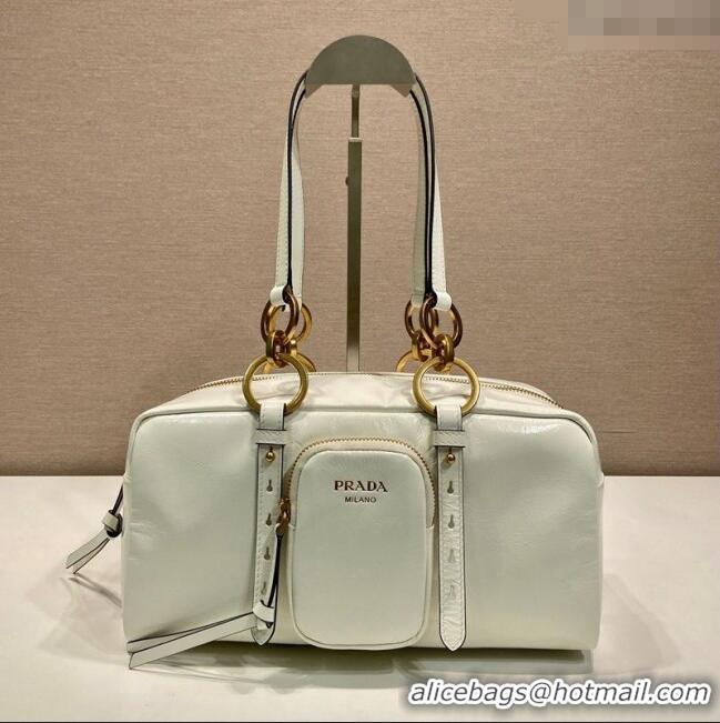 Free Shipping Prada Dangle medium oil leather top-handle bag 1BB138 White 2025