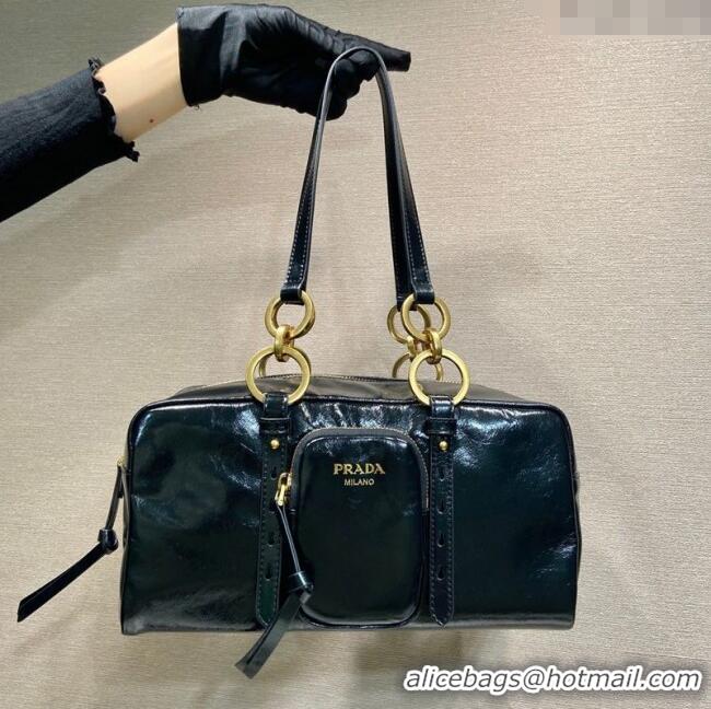 Big Discount Prada Dangle medium oil leather top-handle bag 1BB138 Black 2025