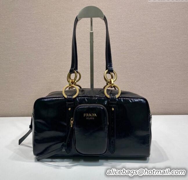 Big Discount Prada Dangle medium oil leather top-handle bag 1BB138 Black 2025