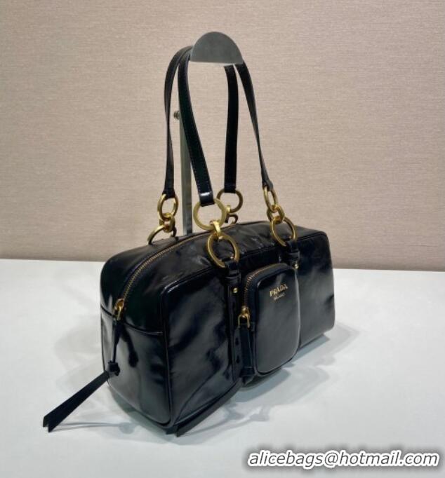 Big Discount Prada Dangle medium oil leather top-handle bag 1BB138 Black 2025