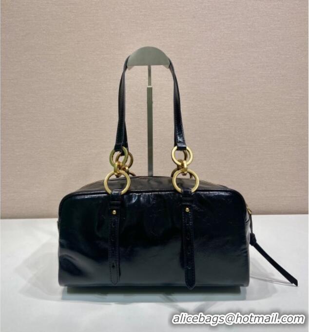 Big Discount Prada Dangle medium oil leather top-handle bag 1BB138 Black 2025