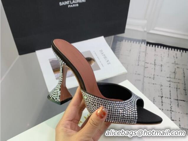 Low Cost Amina Muaddi Caroline Heeled Slides Sandal 9.5cm in Satin and Strass Black 0219054