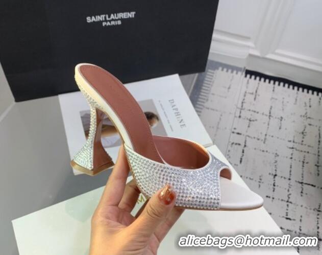 Big Discount Amina Muaddi Caroline Heeled Slides Sandal 9.5cm in Satin and Strass White 0219055